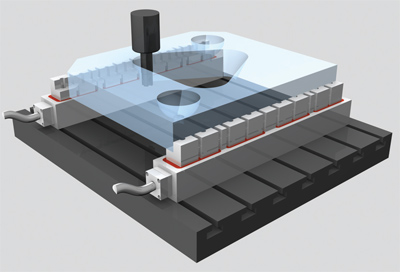 Custom versions of the double mag
can also be manufactured. As can be
seen in the application, a pair of
double mag in single row pole profile is
used to clamp a job for through
machining. No other system gives such
flexibility.